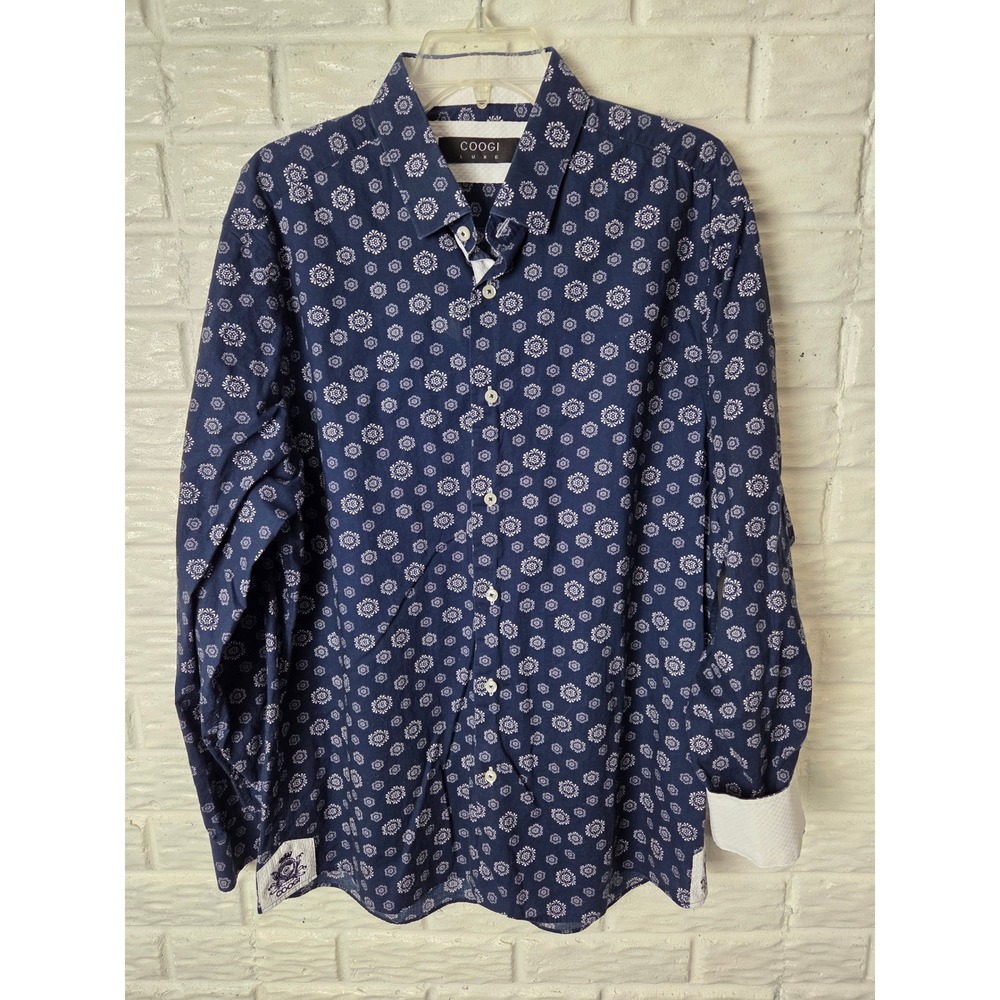 Coogi Luxe Mens Shirt XL Long Sleeve Button Up Embroidered 17.5/18 Flip Cuff